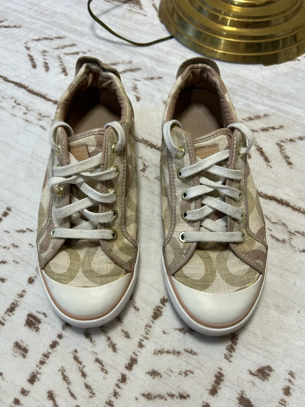 Coach Barrett Signature C Canvas Leather Low Top Sneakers Tan 9B Quiet Luxury